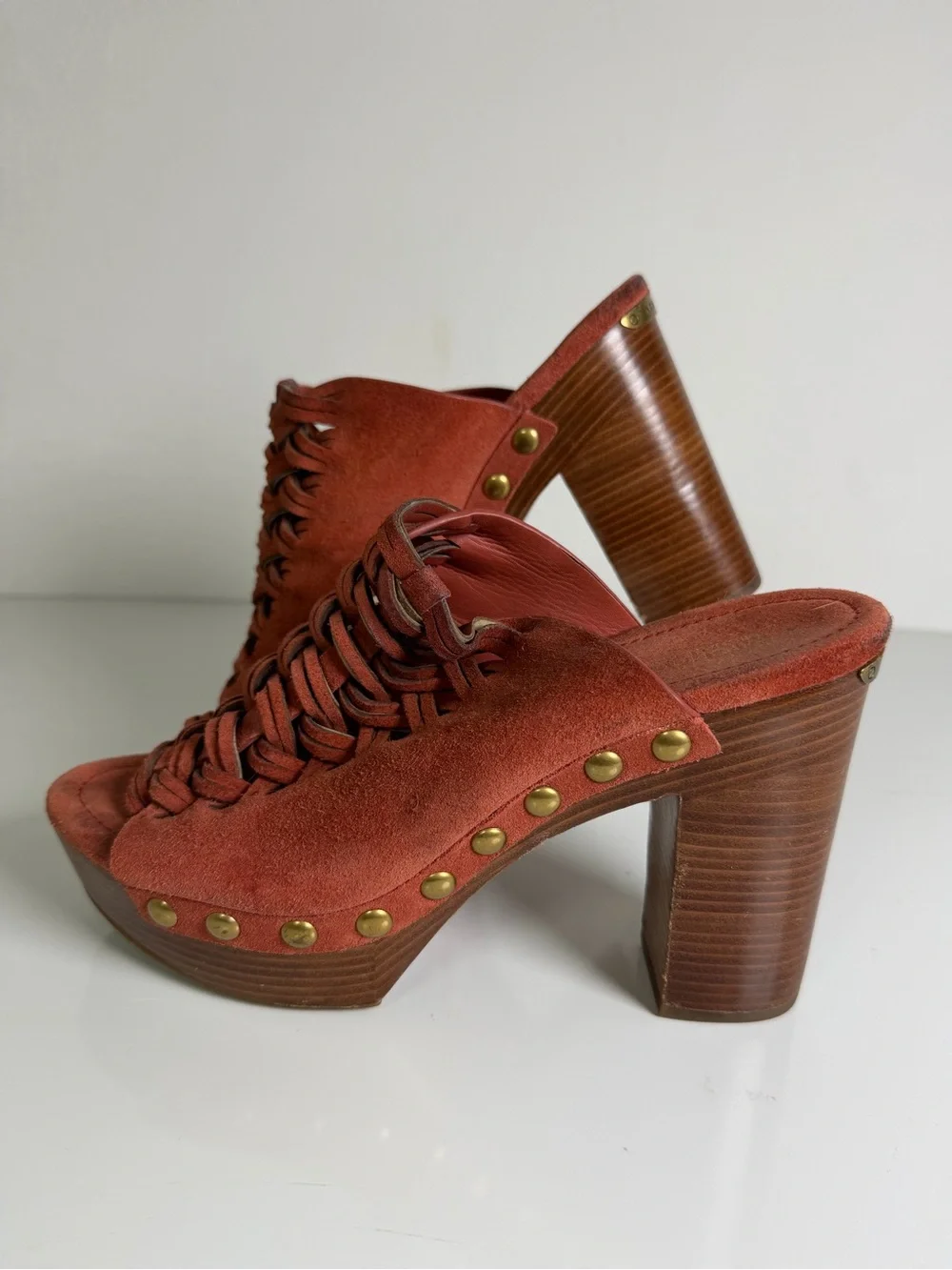 Michael Kors Women’s Sz 9 Rust Suede Woven Studded Platform Clog Heel Sandals